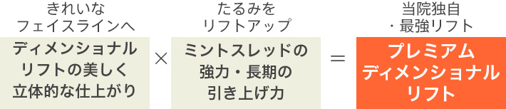 きれいなフェイスラインへ ディメンショナルリフトの美しく立体的な仕上がり × たるみをリフトアップ ミントスレッドの強力・長期の引き上げ力 ＝ 当院独自・最強リフト プレミアムディメンショナルリフト