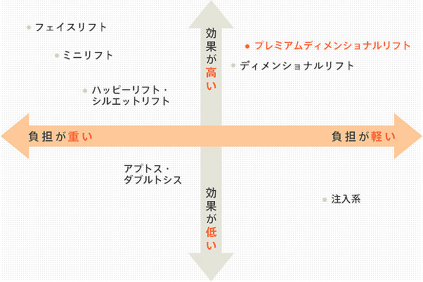 施術別 負担の重さ、効果の高さ