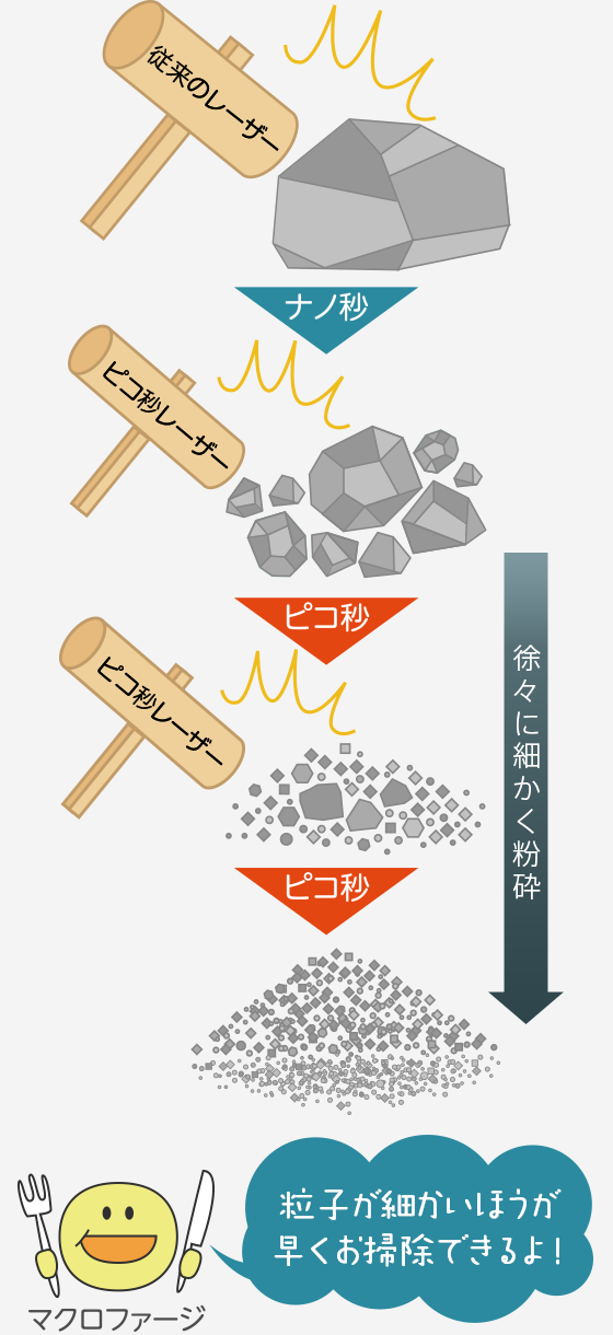 徐々に細かく粉砕。粒子が細かい方が早くお掃除できるよ！