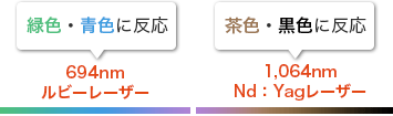 緑色・青色に反応　694nmルビーレーザー,茶色・黒色に反応　1,064nm Nd：Yagレーザー