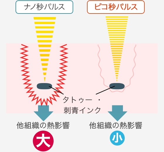 ナノ秒パルス → 他組織の熱影響 大 ピコ秒パルス → 他組織の熱影響 小