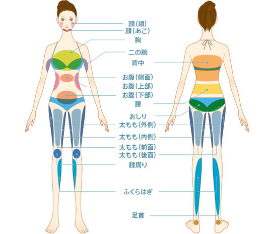適応部位：顔（頬）、顔（あご）、胸、二の腕、背中、お腹（側面）、お腹（上部）、お腹（下部）、腰、おしり、太もも（外側）、太もも（内側）、太もも（前面）、太もも（後面）、膝周り、ふくらはぎ、足首）