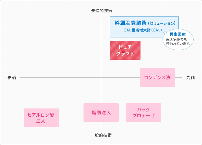 他の豊胸術との価格帯、先進的技術or一般的技術の比較