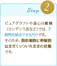 Step2 ピュアグラフトや遠心分離機（コンデンス法など）では、不純物を除去できるだけです。そのため、脂肪細胞に幹細胞はまだくっついたままの状態です。