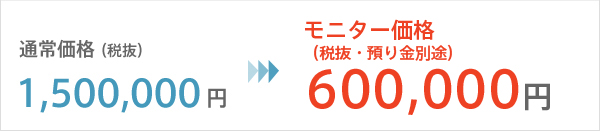 通常価格 (税抜) 1,500,000 円 → モニター価格 (税抜 預り金別途) 600,000円