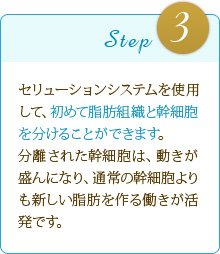 Step3 セリューションシステムを使用して、初めて脂肪組織と幹細胞を分けることができます。分離された幹細胞は、動きが盛んになり、通常の幹細胞よりも新しい脂肪を作る働きが活発です。