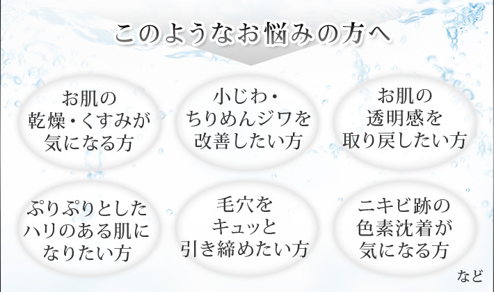 このようなお悩みの方へ　お肌の乾燥・くすみが気になる方、小じわ・ちりめんジワを改善したい方、お肌の透明感を取り戻したい方、ぷりぷりとしたハリのある肌になりたい方、毛穴をキュッと引き締めたい方、ニキビ痕の色素沈着が気になる方など