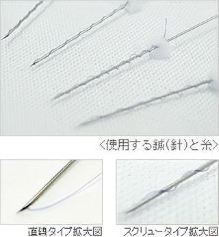 使用する鍼と糸、直線タイプの糸、スクリュータイプの糸