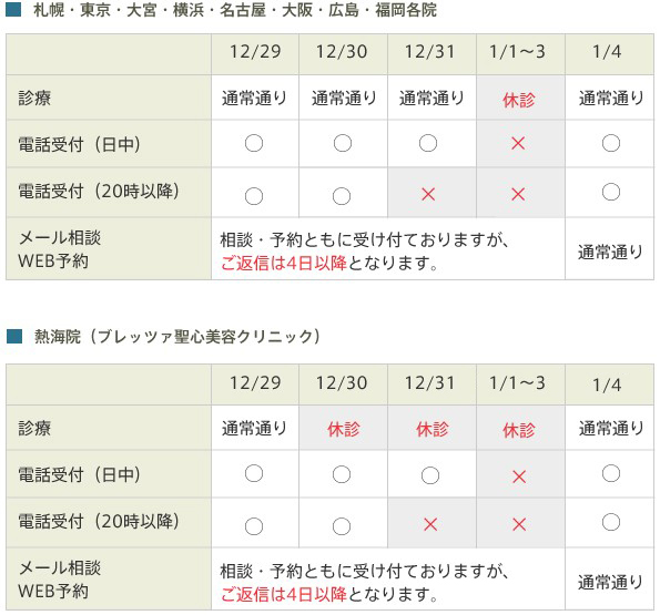 年末年始 年末は12 31まで 年始は1 4から診療です 新着情報 新着情報 メディア情報 プレスリリース 美容整形 美容外科なら 聖心美容クリニック