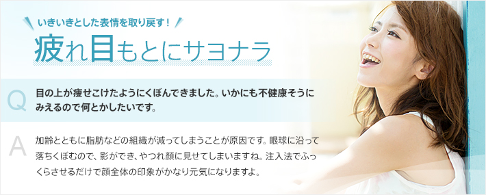 いきいきとした表情を取り戻す！疲れ目もとにサヨナラ Q.目の上が痩せこけたようにくぼんできました。いかにも不健康そうにみえるので何とかしたいです。 A.加齢とともに脂肪などの組織が減ってしまうことが原因です。眼球に沿って落ちくぼむので、影ができ、やつれ顏に見せてしまいますね。注入法でふっくらさせるだけで顔全体の印象がかなり元気になりますよ。