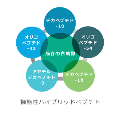 機能性ハイブリッドペプチド：既存の合成物と5つのペプチド（デカペプチド-10、オリゴペプチド-54、デカペプチド-18、アセチルデカペプチド-3、オリゴペプチド-42）