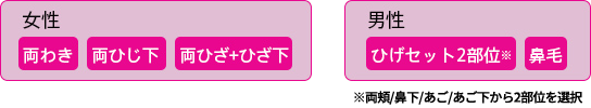 女性：両わき、両ひじ下、両ひざ+ひざ下　男性：ひげセット2部位(※)、鼻毛　※両頬/鼻下/あご/あご下から2部位を選択