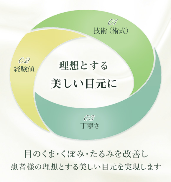 01 技術（術式） 02 経験値 03 丁寧さ 理想とする美しい目元に 目のくま・くぼみ・たるみを改善し患者様の理想とする美しい目元を実現します