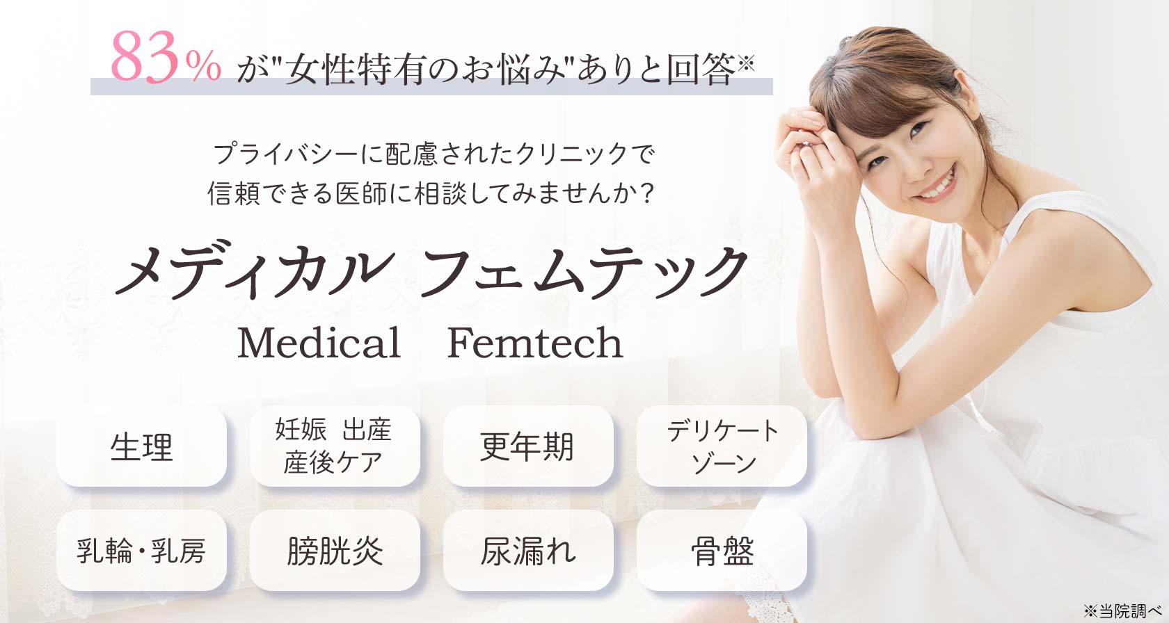 メディカル フェムテック/Medical Femtech　83％が”女性特有のお悩み”ありと回答（当院調べ）　プライバシーに配慮されたクリニックで信頼できる医師に相談してみませんか？　生理、妊娠・出産・産後ケア、更年期、デリケートゾーン、乳輪・乳房、膀胱炎、尿漏れ、骨盤