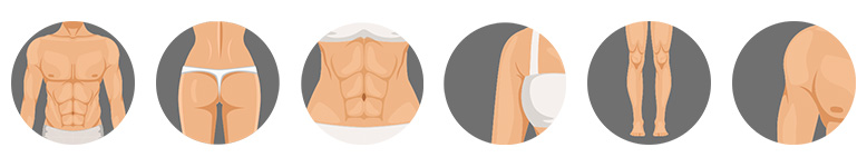 臀筋（お尻の筋肉）、腹部、ハムストリング（太ももの裏の筋肉の総称）、ふくらはぎ、腕（上腕二頭筋、三頭筋）、背中（広背筋）