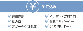 全て込み：無痛麻酔、処方薬、万が一の保証制度、インディバCET1回、医療用サポーター、24時間サポート