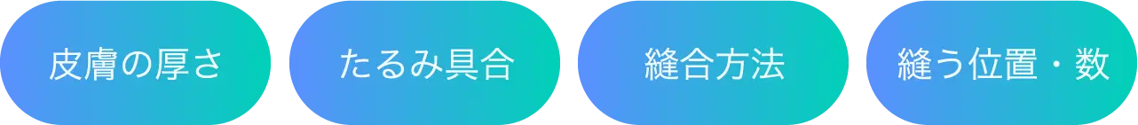 皮膚の厚さ たるみ具合　縫合方法　縫う位置・数