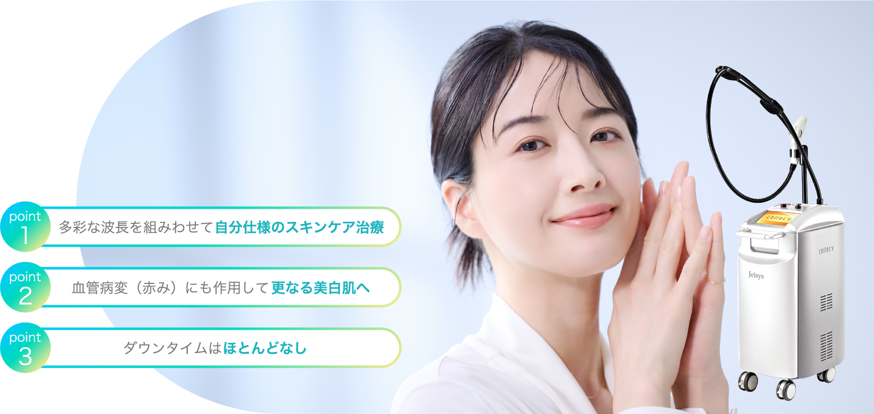 point1 多彩な波長を組みわせて自分仕様のスキンケア治療 point2 血管病変（赤み）にも作用して更なる美白肌へ point3 ダウンタイムはほとんどなし