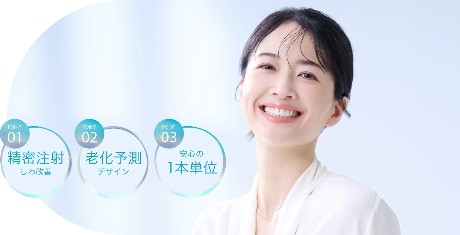 POINT01 精密注射 しわ改善 POINT02 老化予測 デザイン POINT03 安心の1本単位