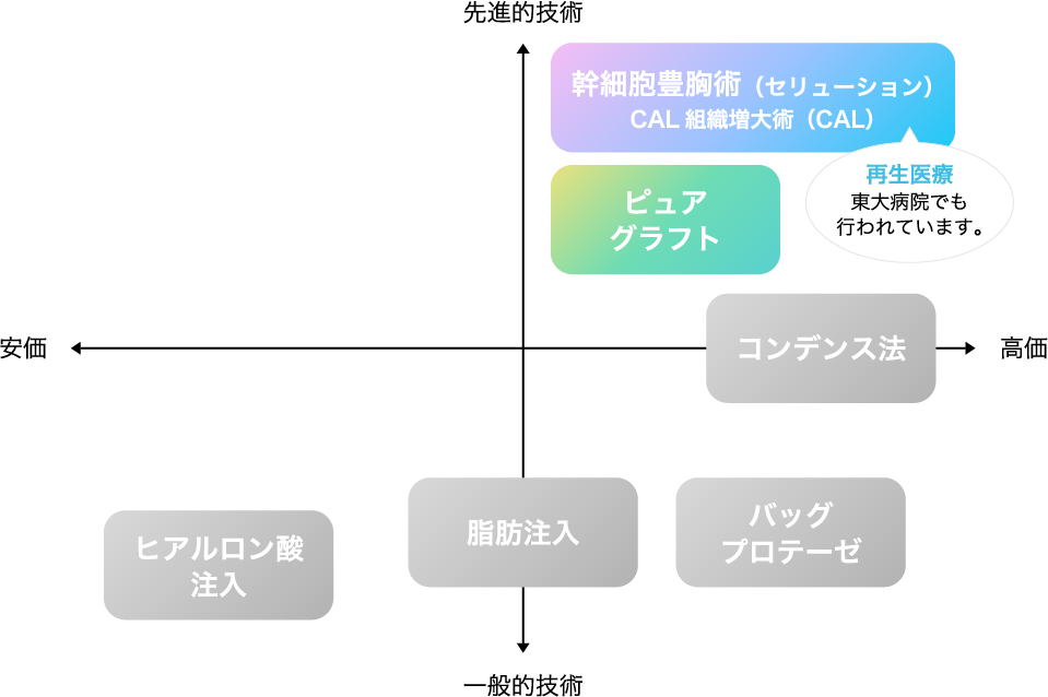 他の豊胸術との価格帯、先進的技術or一般的技術の比較