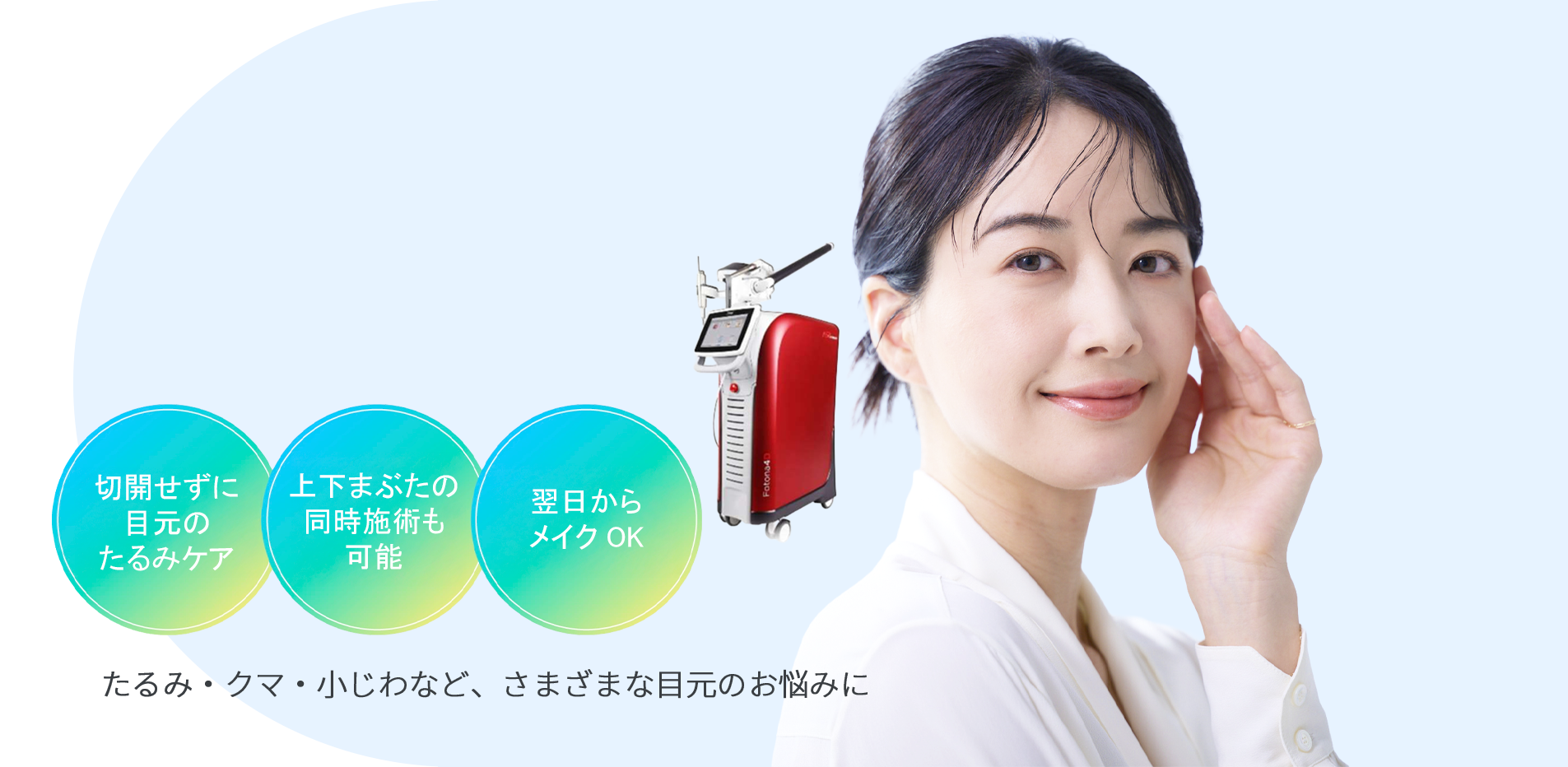 レーザーアイリフト（眉下切開レーザー/裏ハムラレーザー）切開せずに目元のたるみケア 上下まぶたの同時施術も可能 翌日からメイクOK